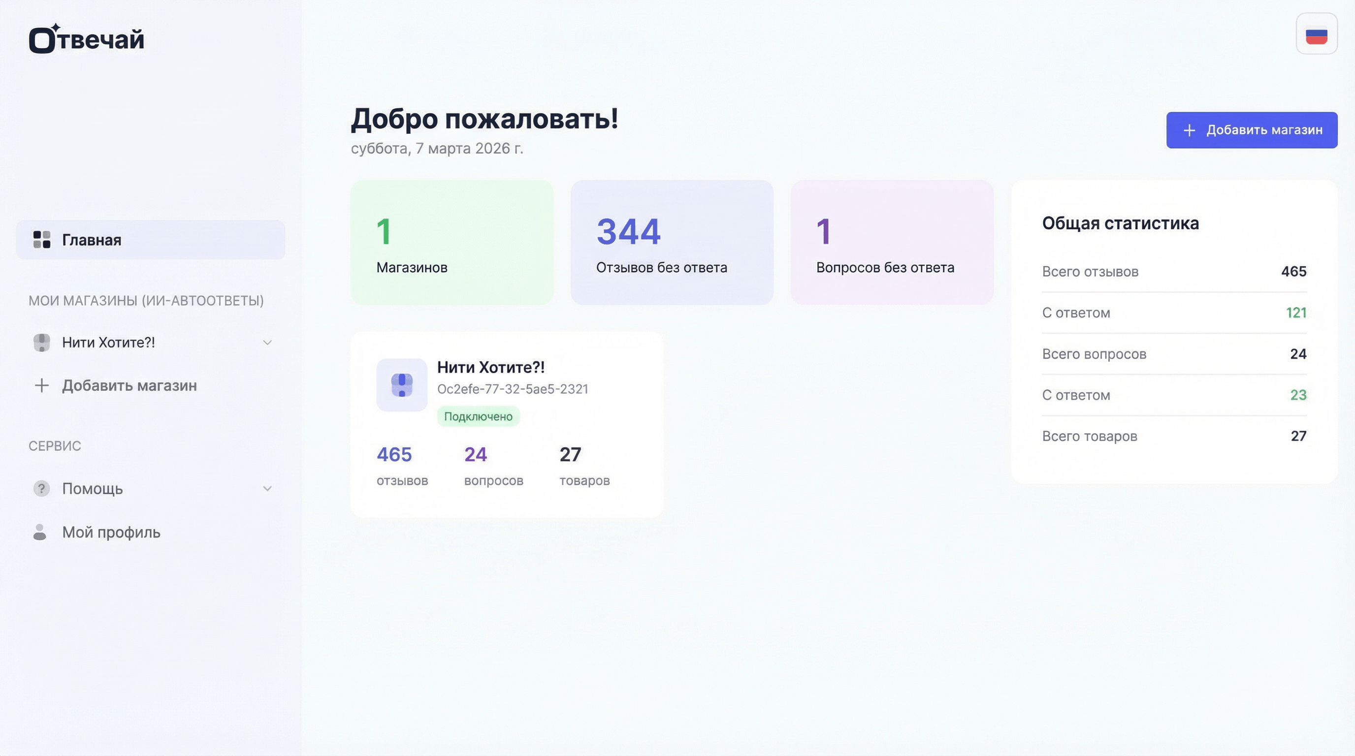Личный кабинет Отвечай: магазины и сводка